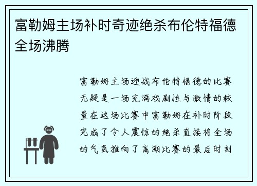 富勒姆主场补时奇迹绝杀布伦特福德全场沸腾