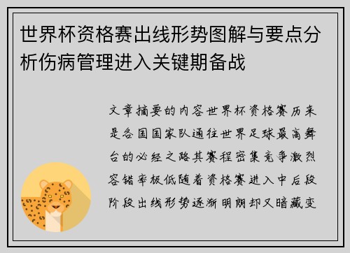 世界杯资格赛出线形势图解与要点分析伤病管理进入关键期备战 世界杯资格赛出线形势图解与要点分析伤病管理进入关键期备战
